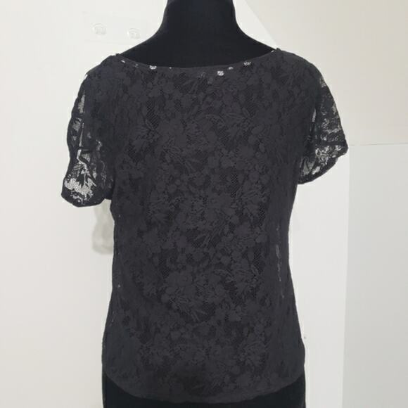 Black Lace and Polka Dot Semi Sheer Dolman Sleeve Crop Top by Soprano Small - Picture 3 of 9